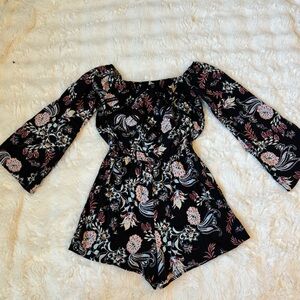 Xhilaration Black Floral Off Shoulder Romper Bell Sleeve Boho Size S